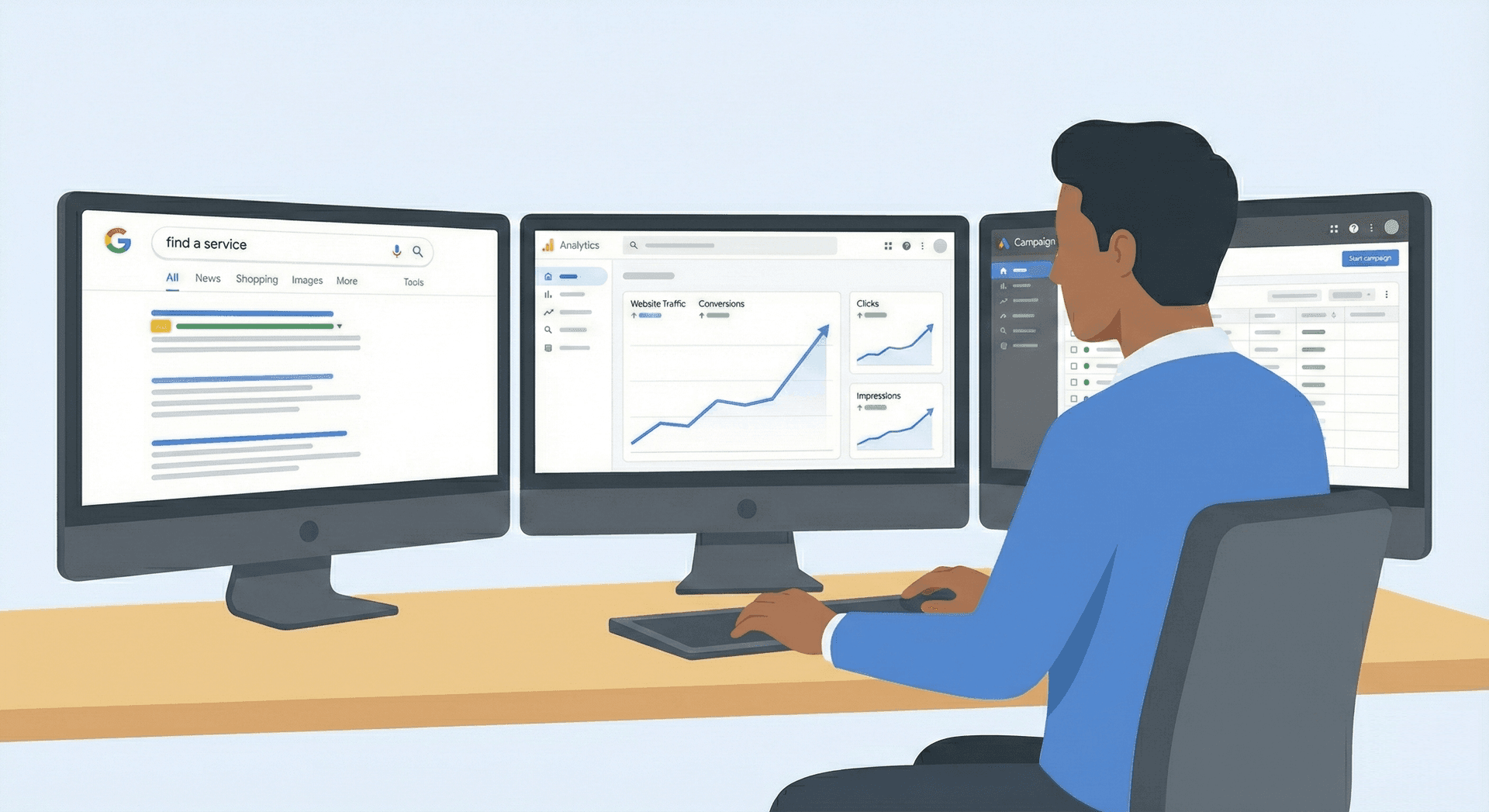 The image shows a digital marketing professional, representing a digital marketing agency, managing the entire process, from creating ads to analyzing data, to ensure the client gets the best results.