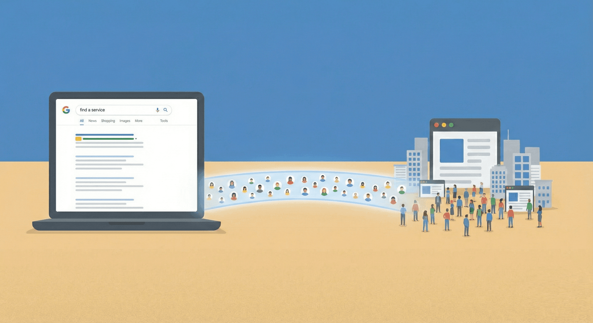 This image illustrates a stream of high-intent traffic flowing from the search engine to a website.