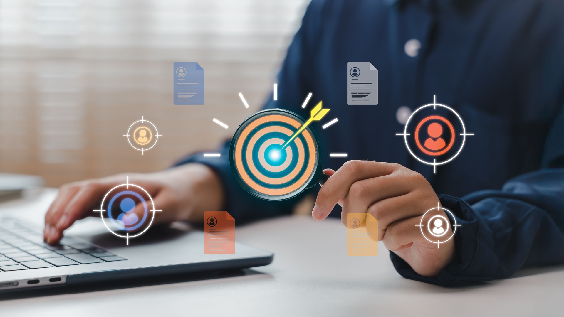 Businessman hand pointing target marketing with customer analysis and HR recruitment concept on laptop. Digital strategy, data analytics, business technology background.